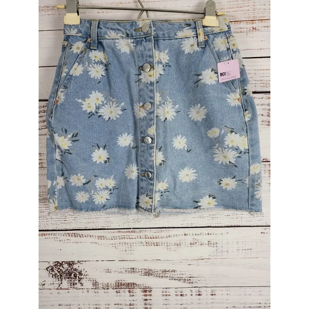 Wild Fable Daisy Print Denim‎ Mini Skirt 0 Womens Blue Button Front NWT